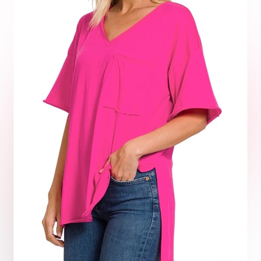 Fuchsia Front Pocket Slouchy Boyfriend Tee With Raw Edge